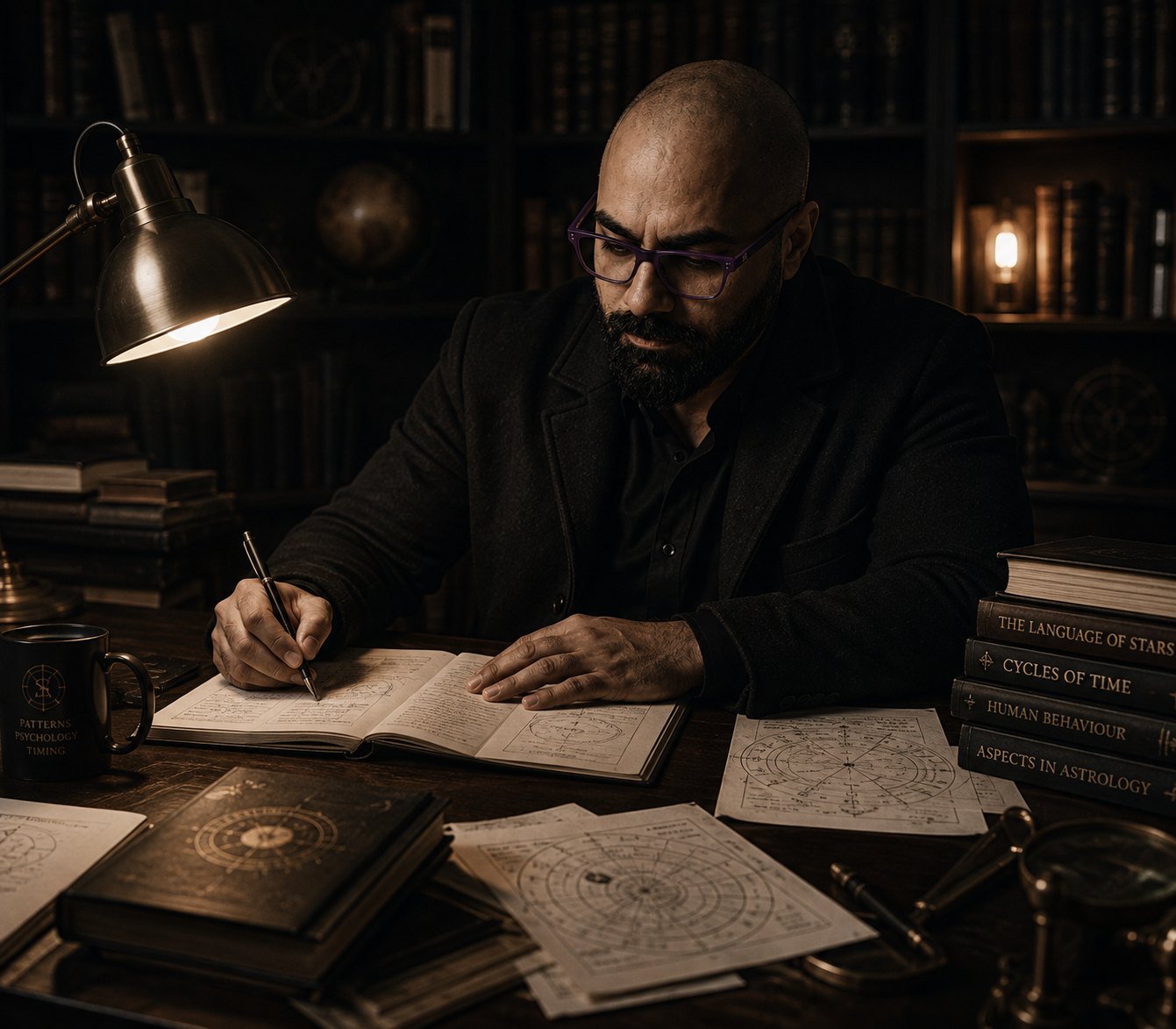 Dr. Saurav Chaturvedi at his working desk, studying a birth chart